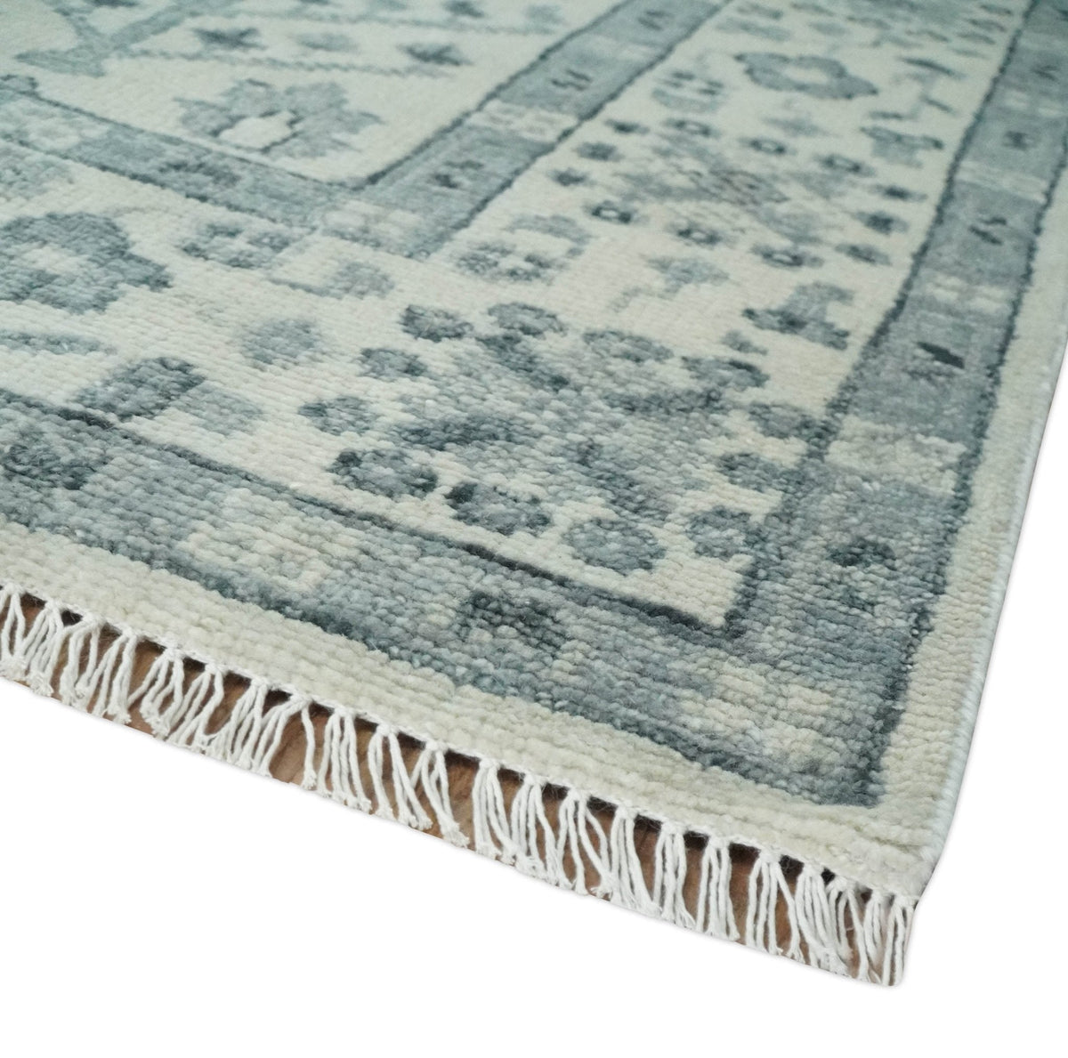 Tree of Life Hand Knotted Ivory and Charcoal Traditional Oushak Custom Made Wool Rug.