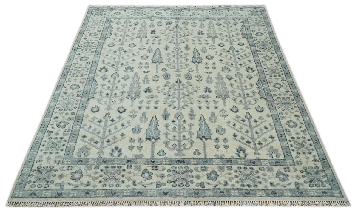 Tree of Life Hand Knotted Ivory and Charcoal Traditional Oushak Custom Made Wool Rug.