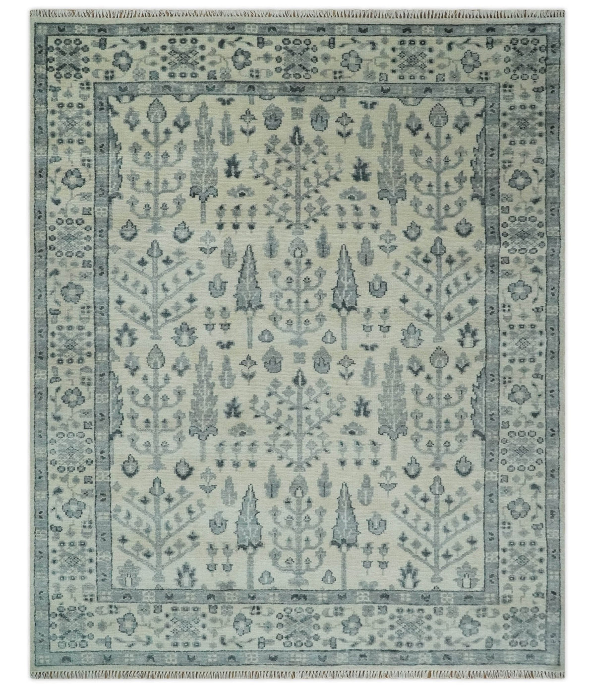 Tree of Life Hand Knotted Ivory and Charcoal Traditional Oushak Custom Made Wool Rug.