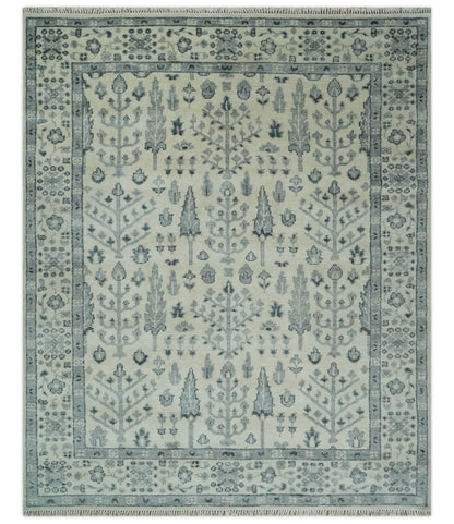 Tree of Life Hand Knotted Ivory and Charcoal Traditional Oushak Custom Made Wool Rug.