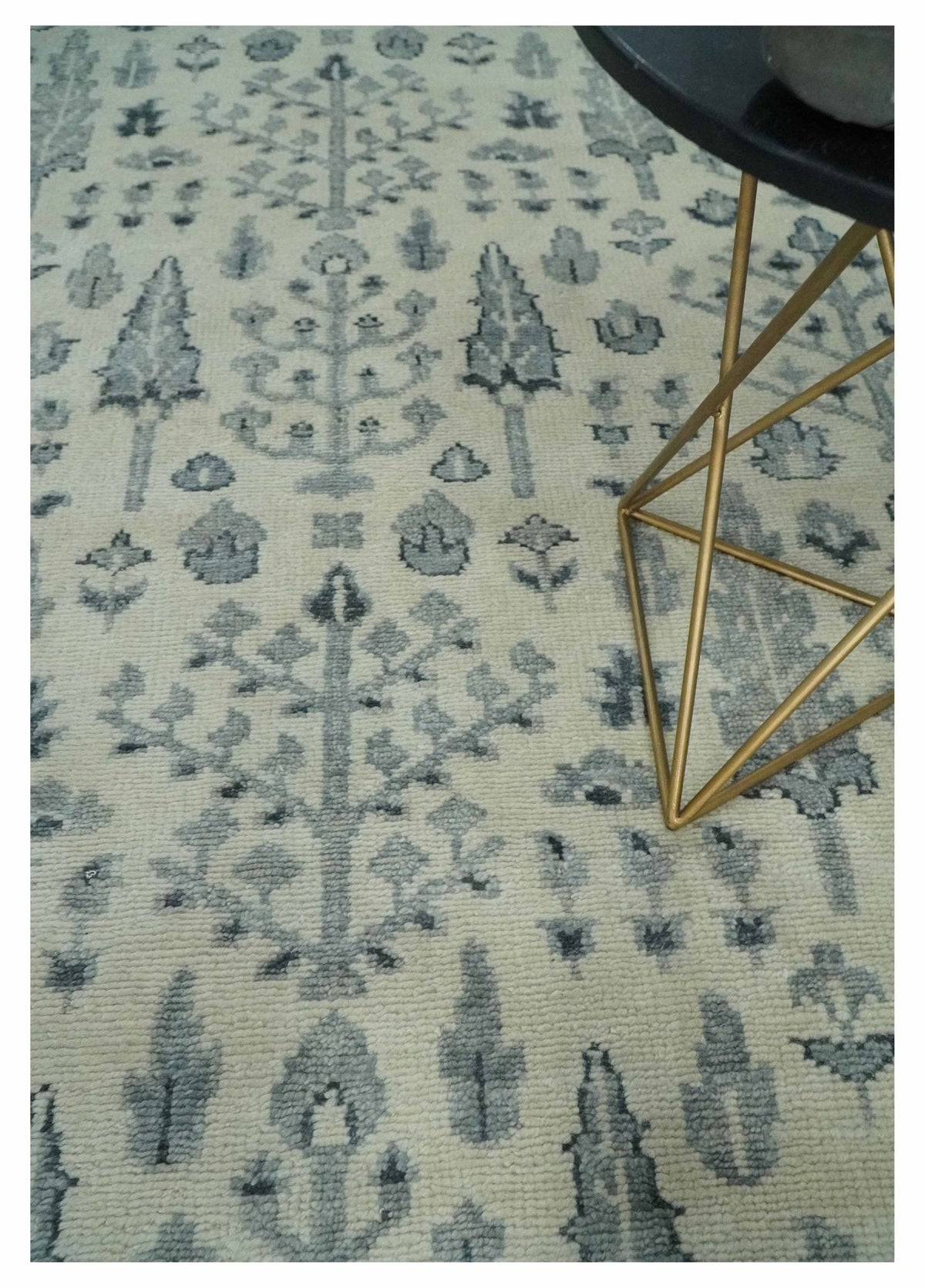 Tree of Life Hand Knotted Ivory and Charcoal Traditional Oushak Custom Made Wool Rug.