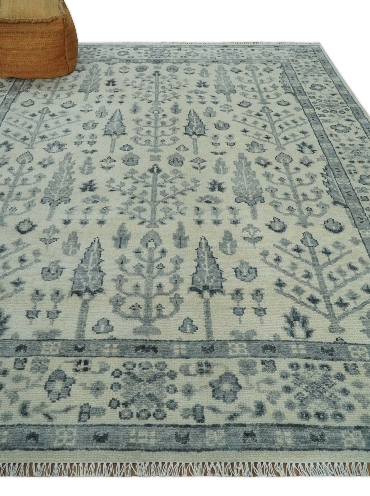 Tree of Life Hand Knotted Ivory and Charcoal Traditional Oushak Custom Made Wool Rug.