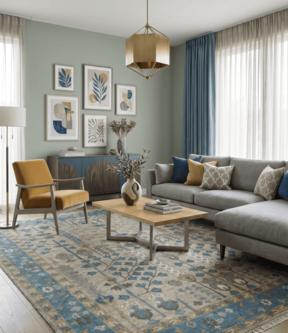 Tree of life Hand Knotted Traditional Beige and Blue Vintage Style Custom Made Wool Area Rug.