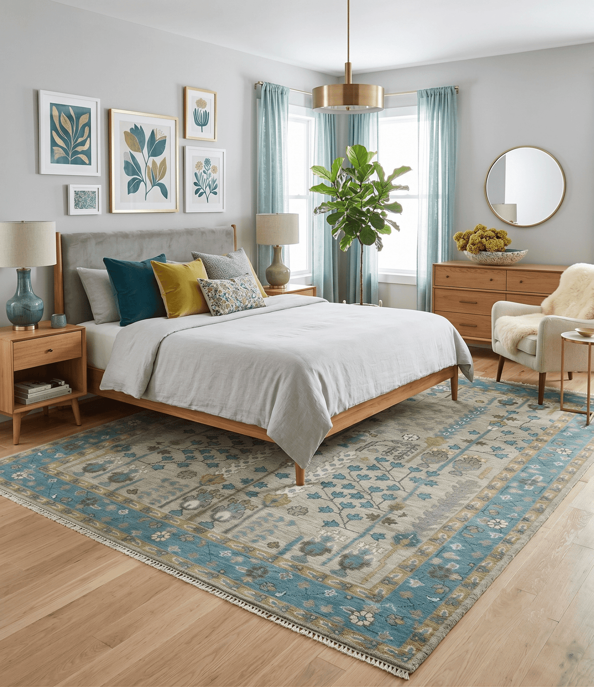 Tree of life Hand Knotted Traditional Beige and Blue Vintage Style Custom Made Wool Area Rug.