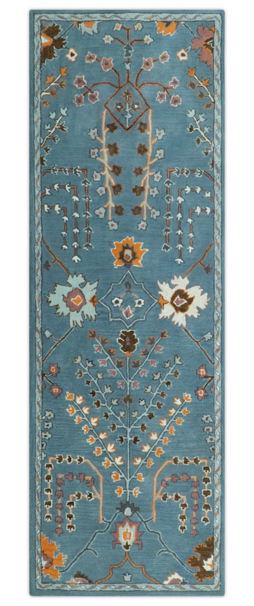 Tree of life Hand Tufted Teal Blue, Brown and Red Traditional Floral Custom Made Wool Area Rug, Kids, Living Room and Bedroom Rug.