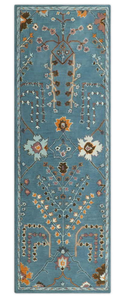 Tree of life Hand Tufted Teal Blue, Brown and Red Traditional Floral Custom Made Wool Area Rug, Kids, Living Room and Bedroom Rug.