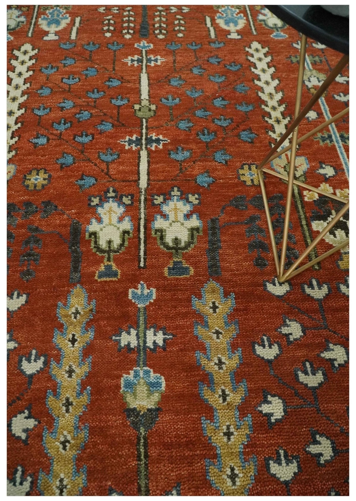Tree of Life Rust and Ivory Traditional Hand Knotted Turkish Design Wool Area Rug.
