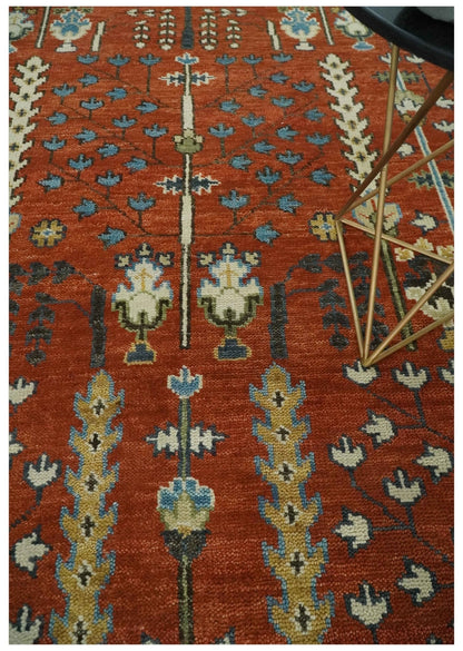 Tree of Life Rust and Ivory Traditional Hand Knotted Turkish Design Wool Area Rug.