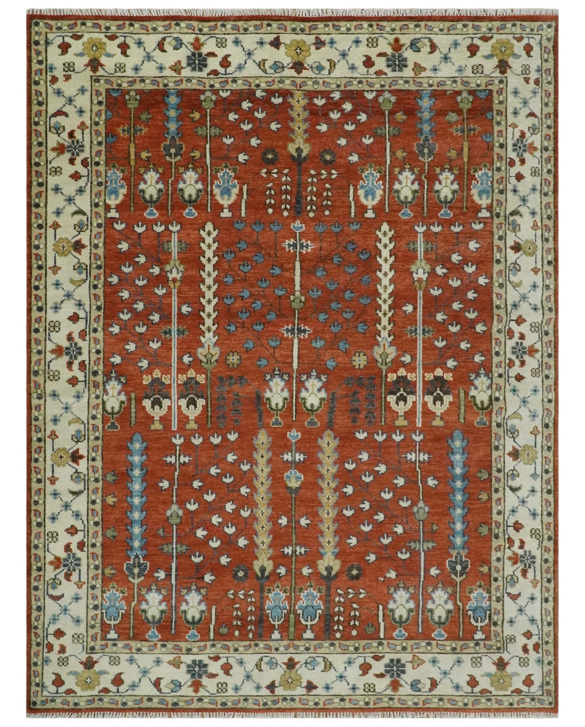 Tree of Life Rust and Ivory Traditional Hand Knotted Turkish Design Wool Area Rug.