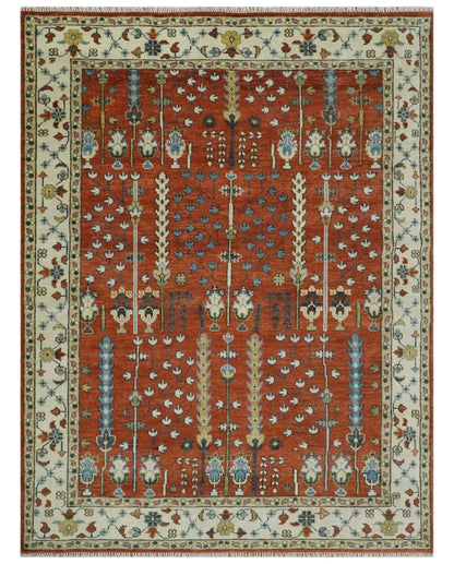 Tree of Life Rust and Ivory Traditional Hand Knotted Turkish Design Wool Area Rug.
