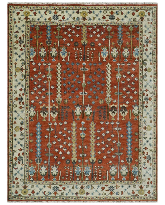 Tree of Life Rust and Ivory Traditional Hand Knotted Turkish Design Wool Area Rug.