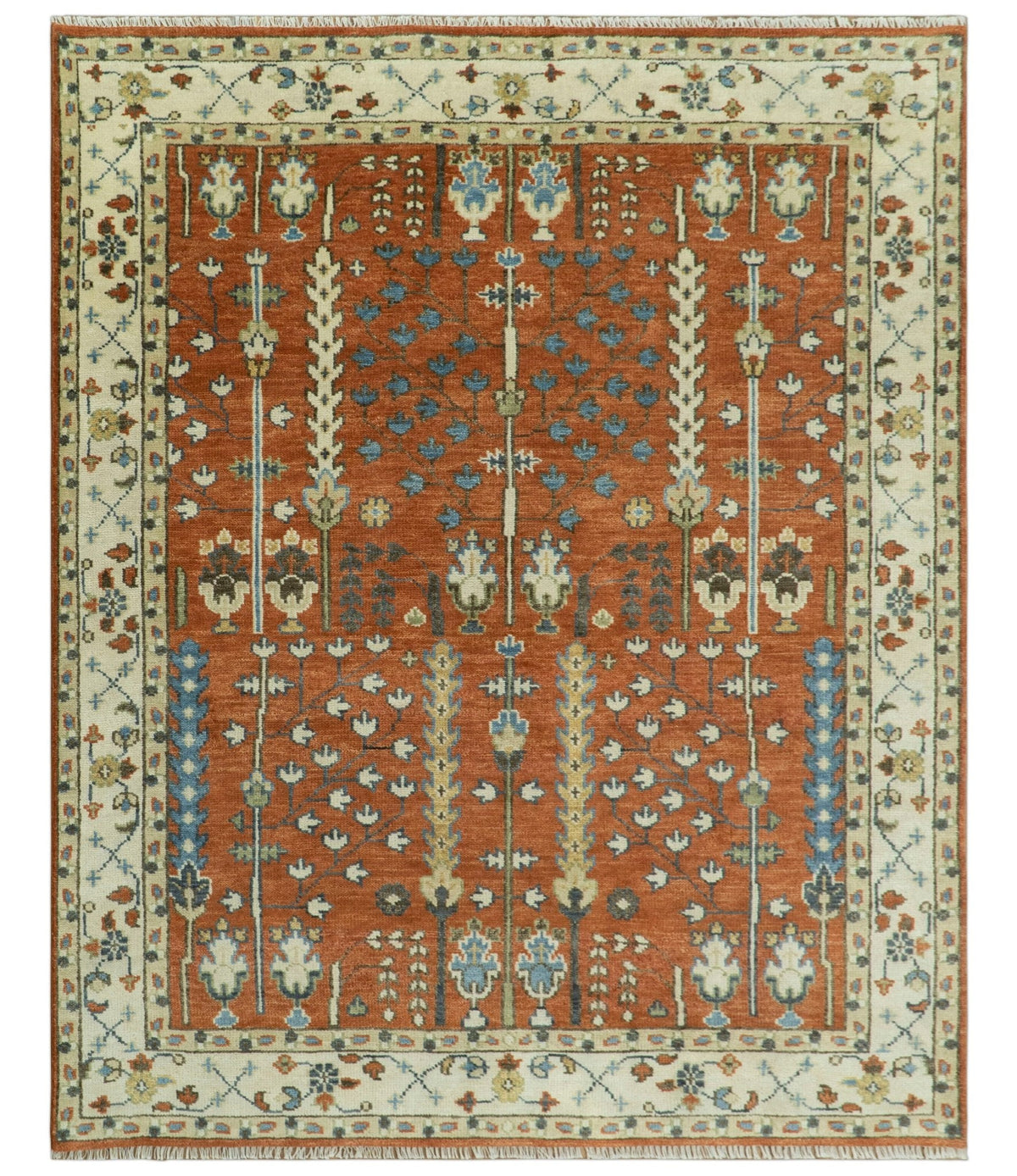 Tree of Life Rust and Ivory Traditional Hand Knotted Turkish Design Wool Area Rug.