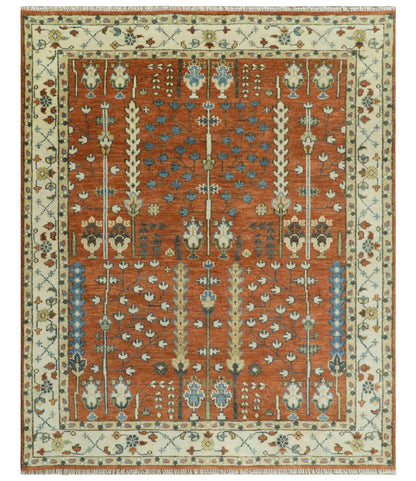 Tree of Life Rust and Ivory Traditional Hand Knotted Turkish Design Wool Area Rug.