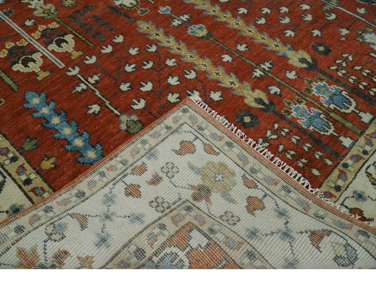 Tree of Life Rust and Ivory Traditional Hand Knotted Turkish Design Wool Area Rug.