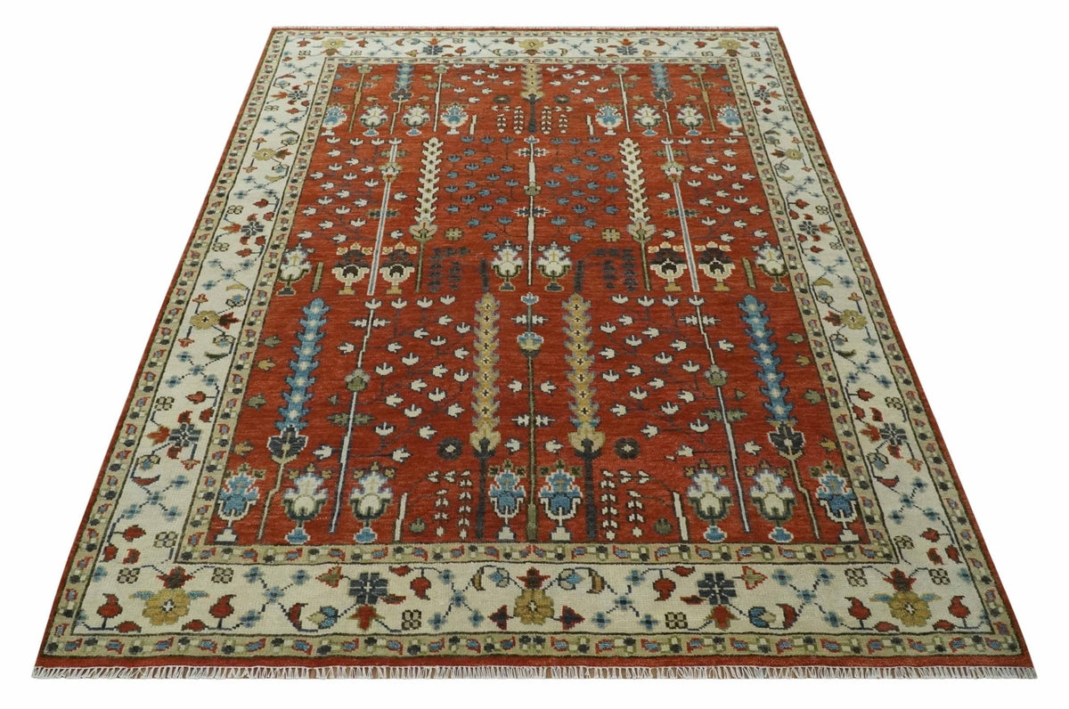 Tree of Life Rust and Ivory Traditional Hand Knotted Turkish Design Wool Area Rug.