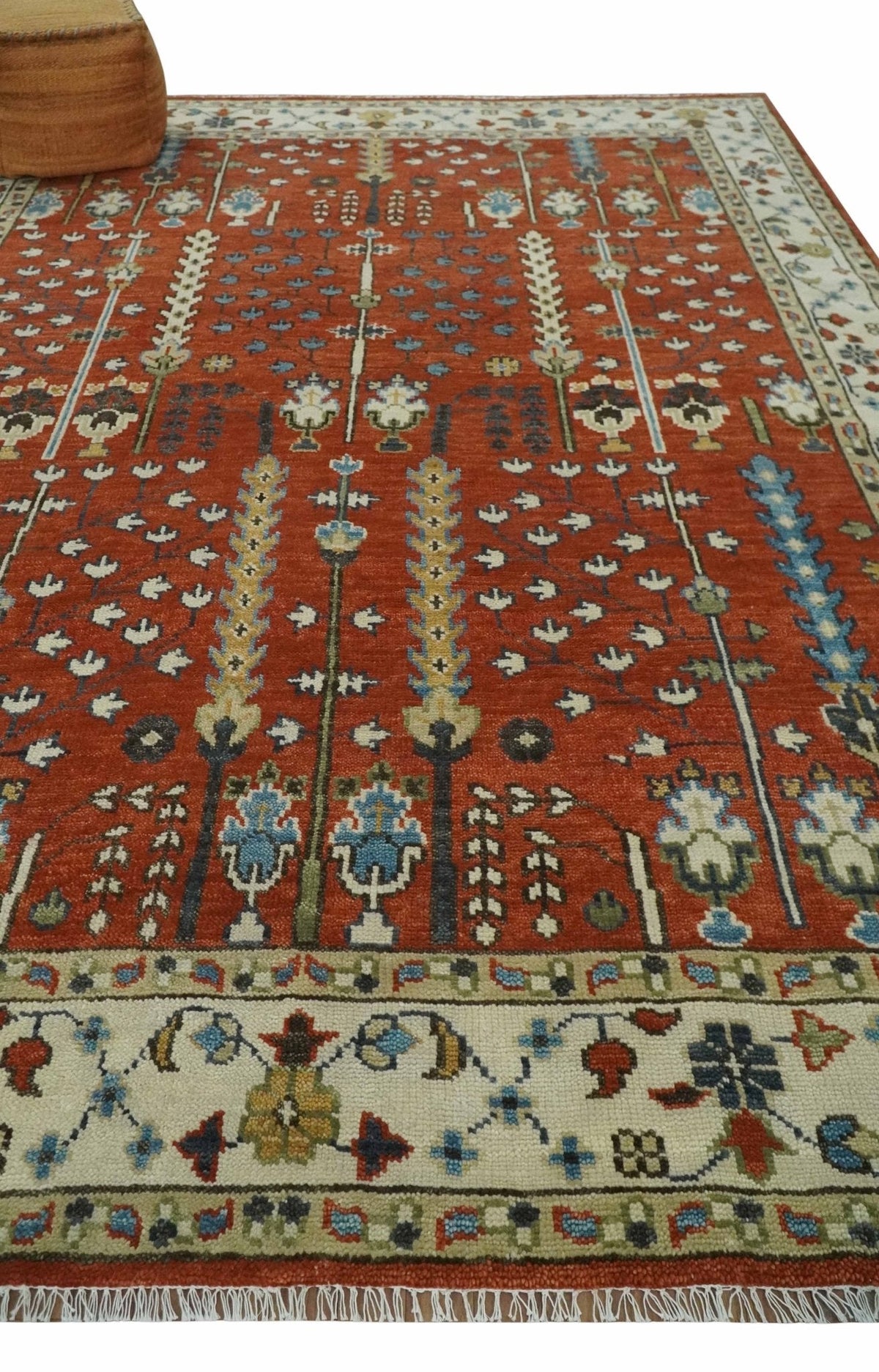 Tree of Life Rust and Ivory Traditional Hand Knotted Turkish Design Wool Area Rug.