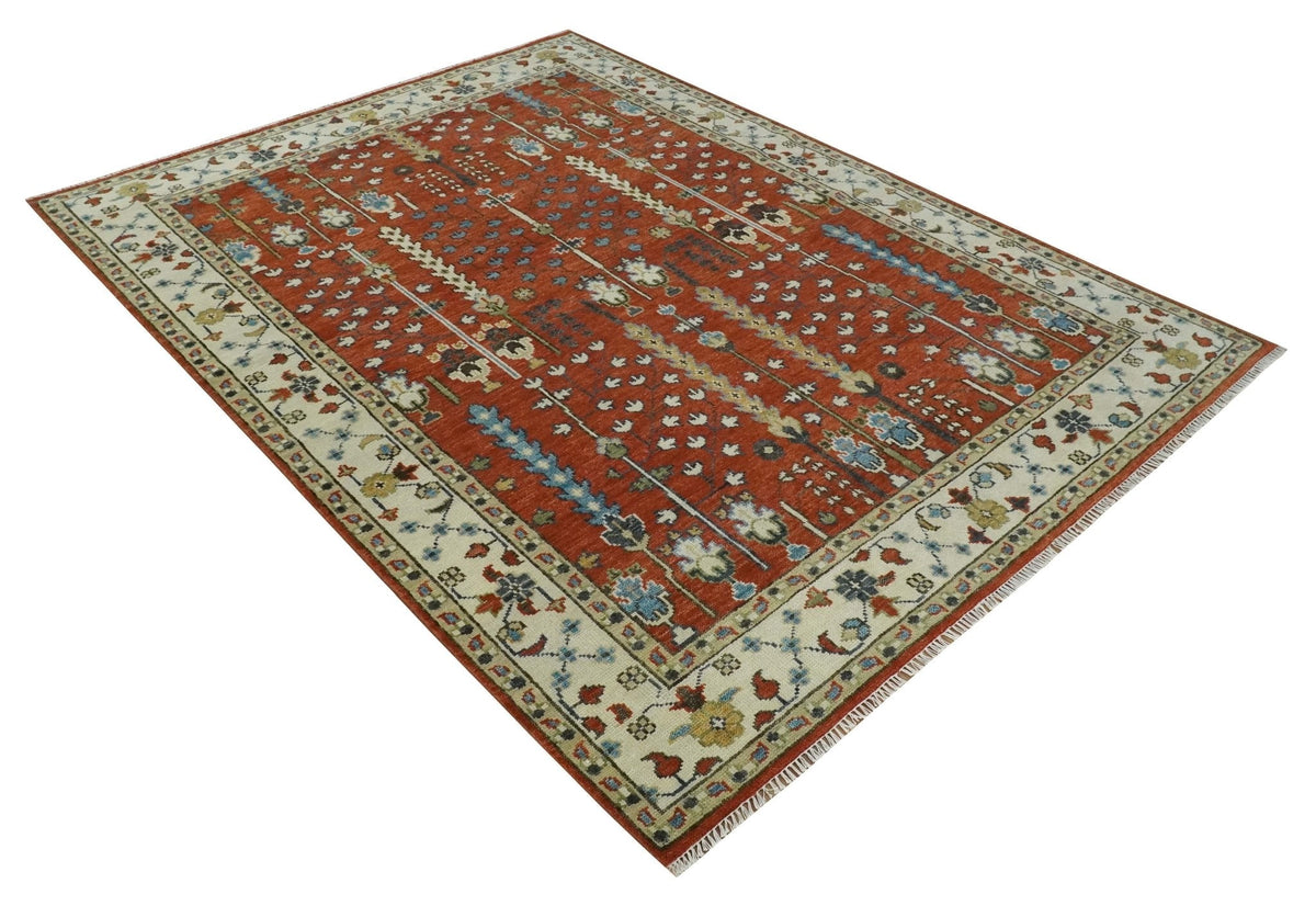 Tree of Life Rust and Ivory Traditional Hand Knotted Turkish Design Wool Area Rug.