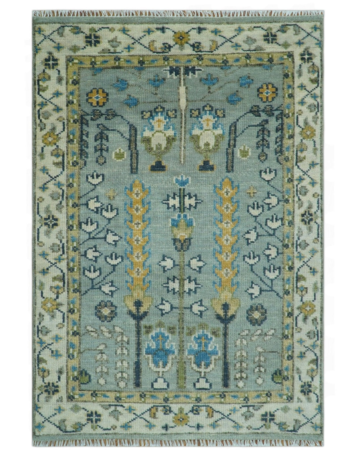 Tree of life Silver and Ivory Hand Knotted Traditional Multi Size Wool Area Rug.