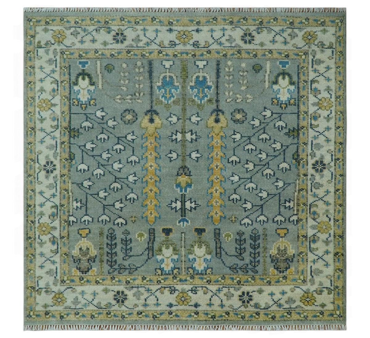 Tree of life Silver and Ivory Hand Knotted Traditional Multi Size Wool Area Rug.
