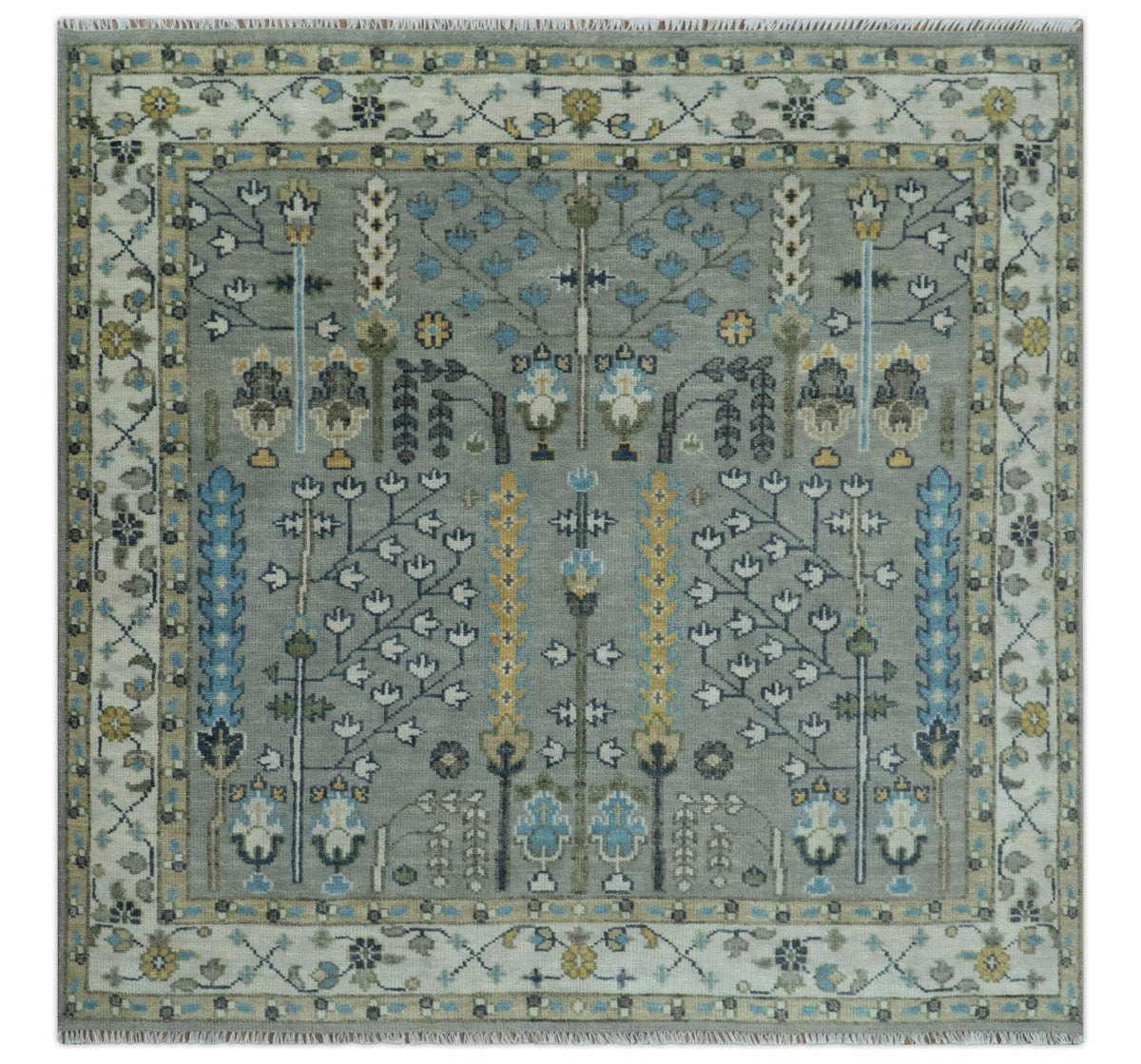 Tree of life Silver and Ivory Hand Knotted Traditional Multi Size Wool Area Rug.