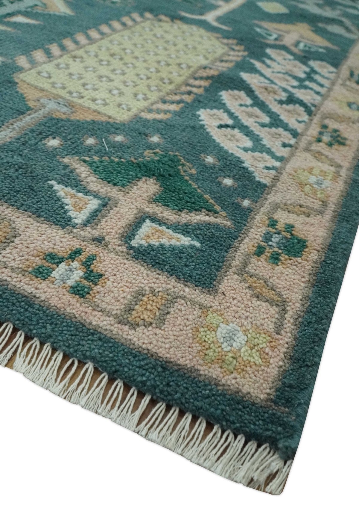 Tree of life Teal, Peach and Olive Hand Knotted Traditional Oushak Custom Made wool area Rug.