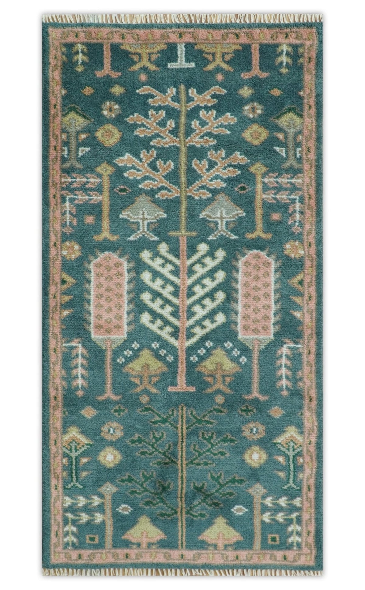 Tree of life Teal, Peach and Olive Hand Knotted Traditional Oushak Custom Made wool area Rug.