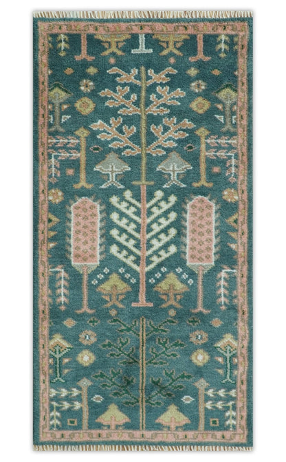 Tree of life Teal, Peach and Olive Hand Knotted Traditional Oushak Custom Made wool area Rug.