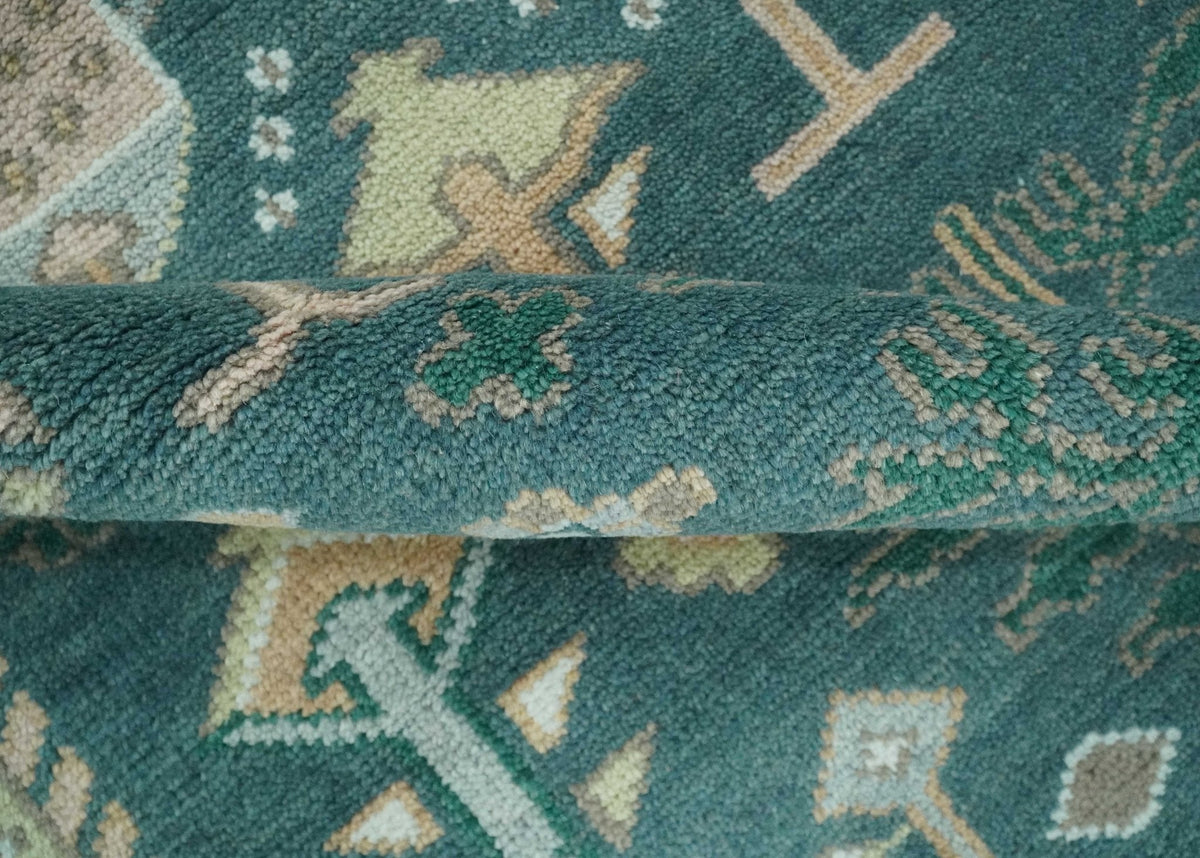 Tree of life Teal, Peach and Olive Hand Knotted Traditional Oushak Custom Made wool area Rug.