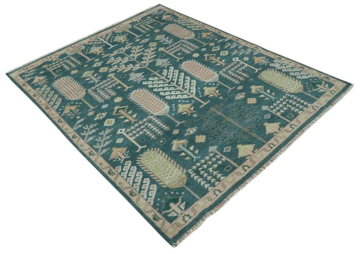 Tree of life Teal, Peach and Olive Hand Knotted Traditional Oushak Custom Made wool area Rug.