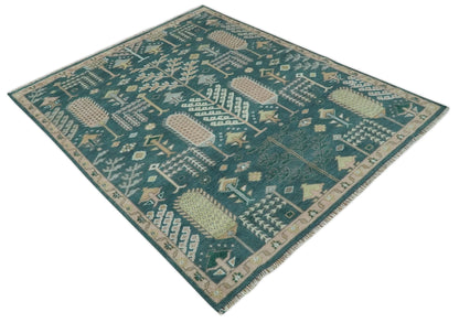Tree of life Teal, Peach and Olive Hand Knotted Traditional Oushak Custom Made wool area Rug.