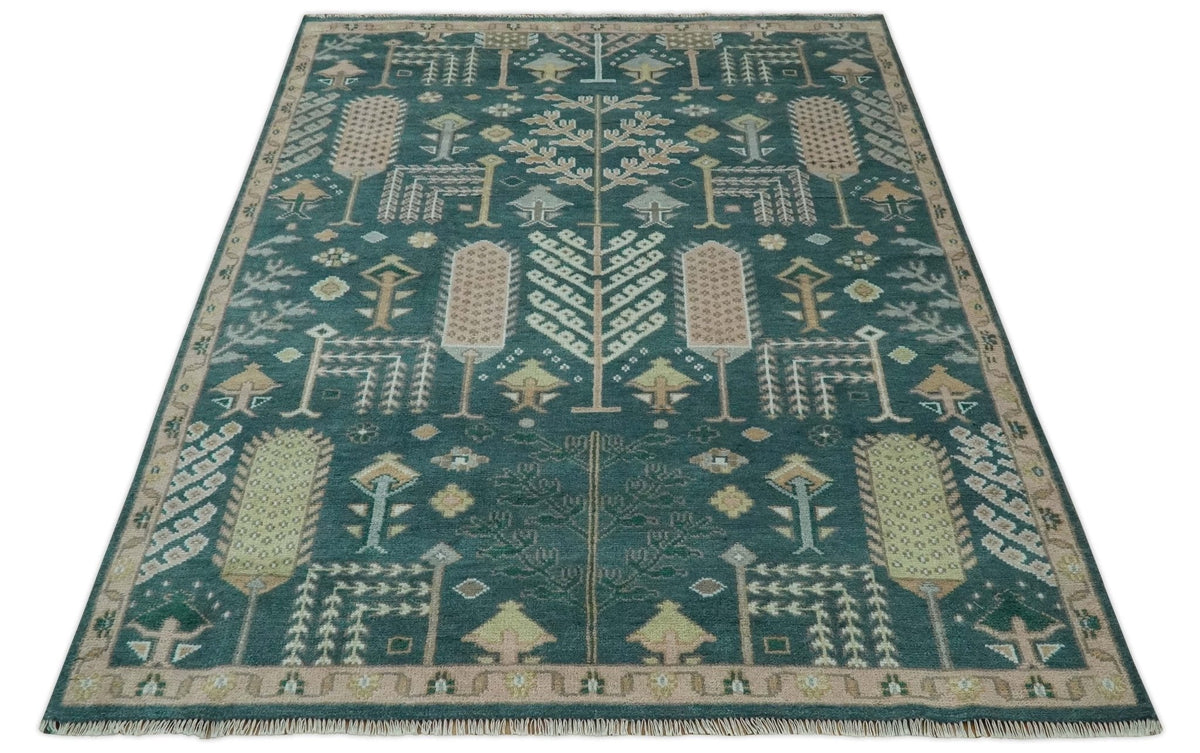 Tree of life Teal, Peach and Olive Hand Knotted Traditional Oushak Custom Made wool area Rug.