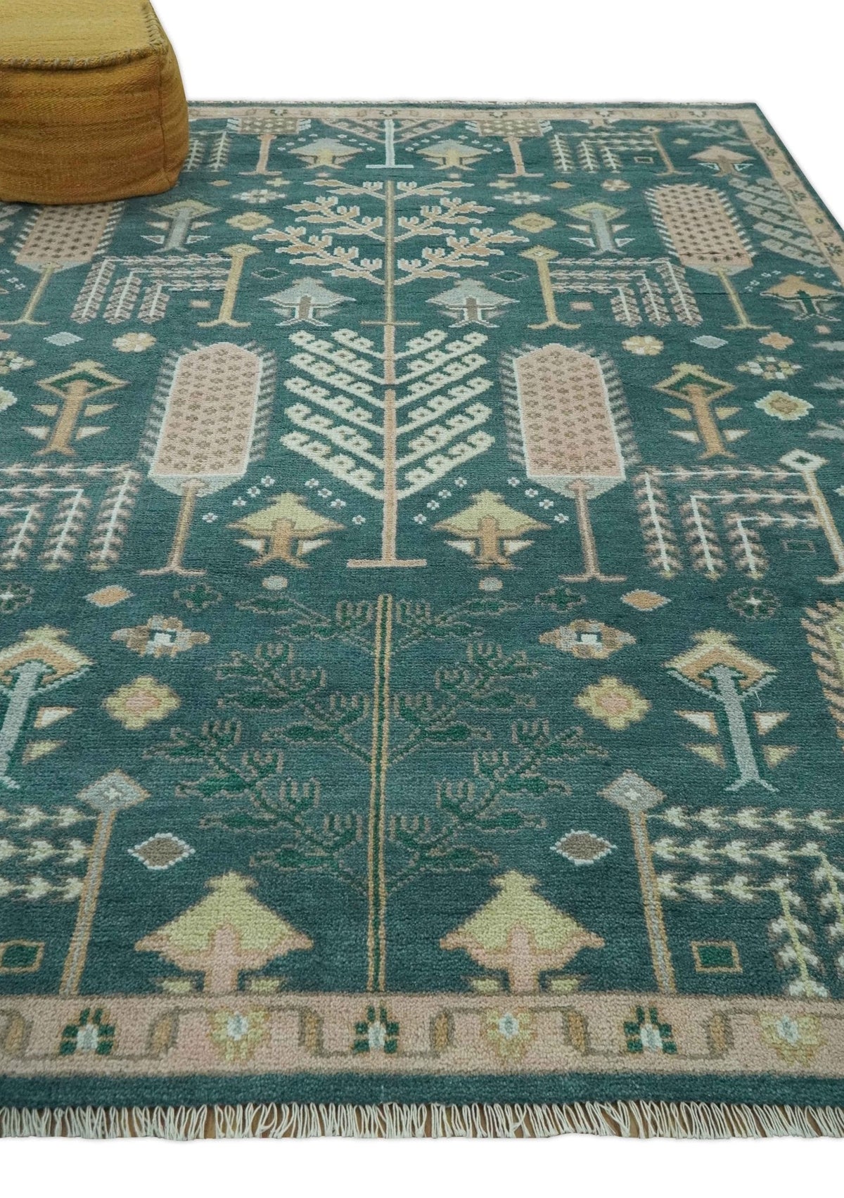 Tree of life Teal, Peach and Olive Hand Knotted Traditional Oushak Custom Made wool area Rug.