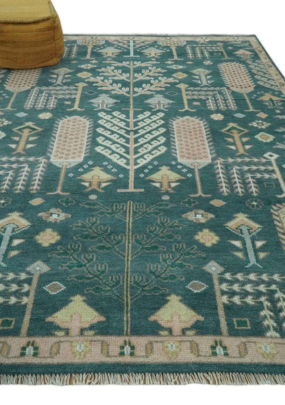 Tree of life Teal, Peach and Olive Hand Knotted Traditional Oushak Custom Made wool area Rug.
