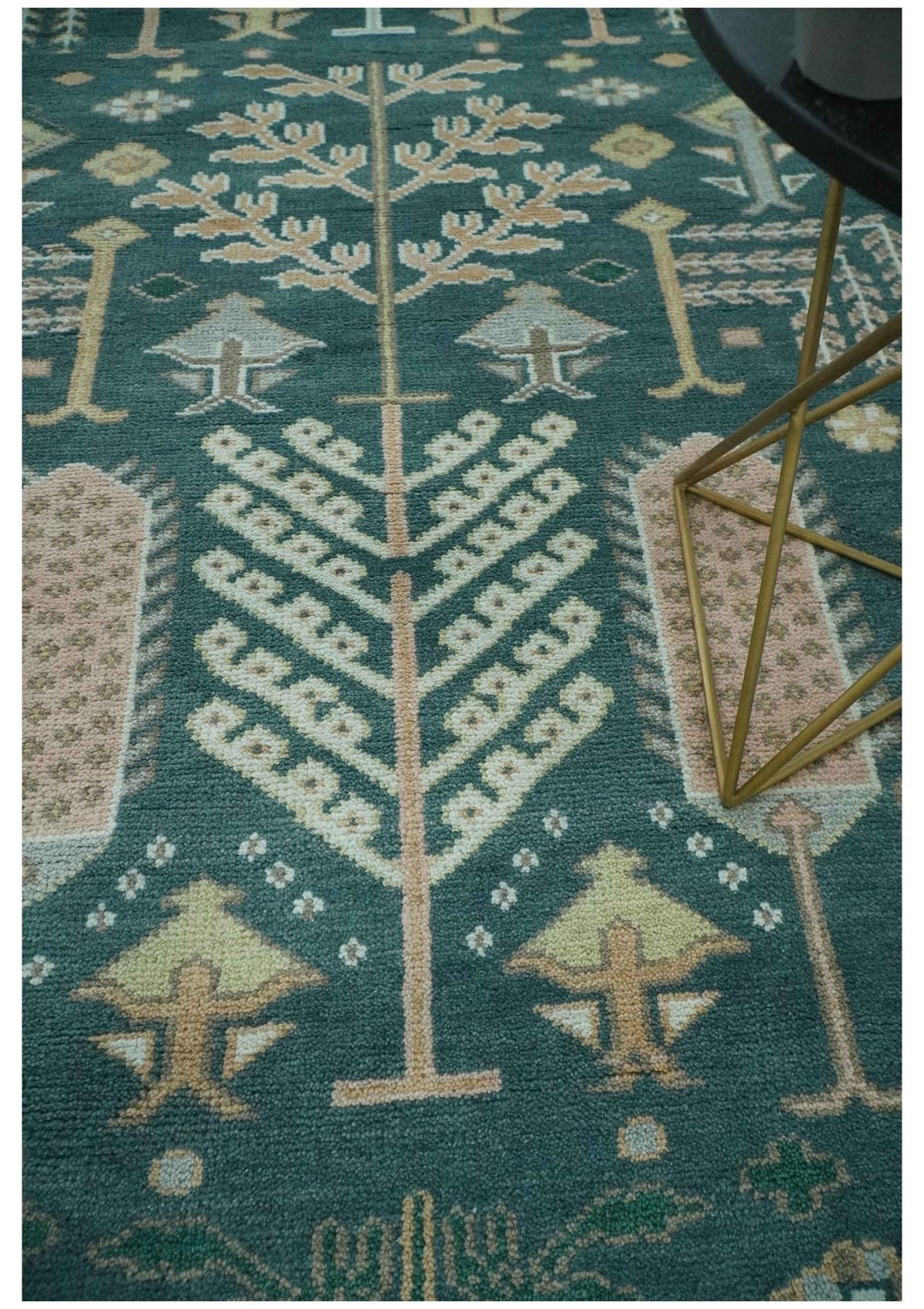 Tree of life Teal, Peach and Olive Hand Knotted Traditional Oushak Custom Made wool area Rug.