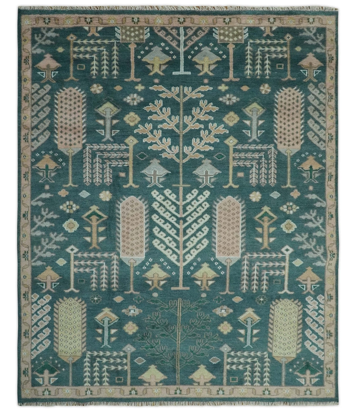 Tree of life Teal, Peach and Olive Hand Knotted Traditional Oushak Custom Made wool area Rug.