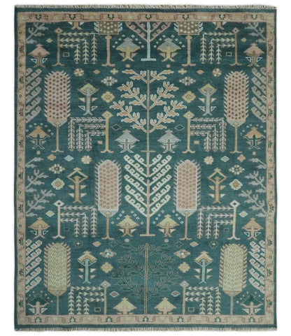 Tree of life Teal, Peach and Olive Hand Knotted Traditional Oushak Custom Made wool area Rug.