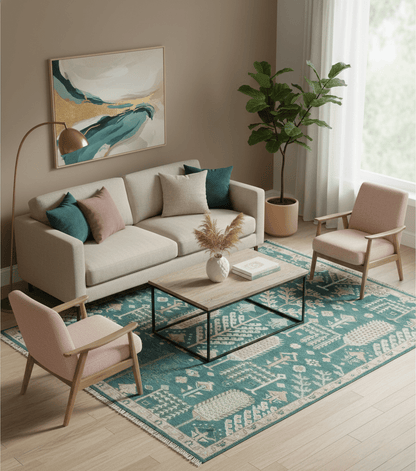 Tree of life Teal, Peach and Olive Hand Knotted Traditional Oushak Custom Made wool area Rug.