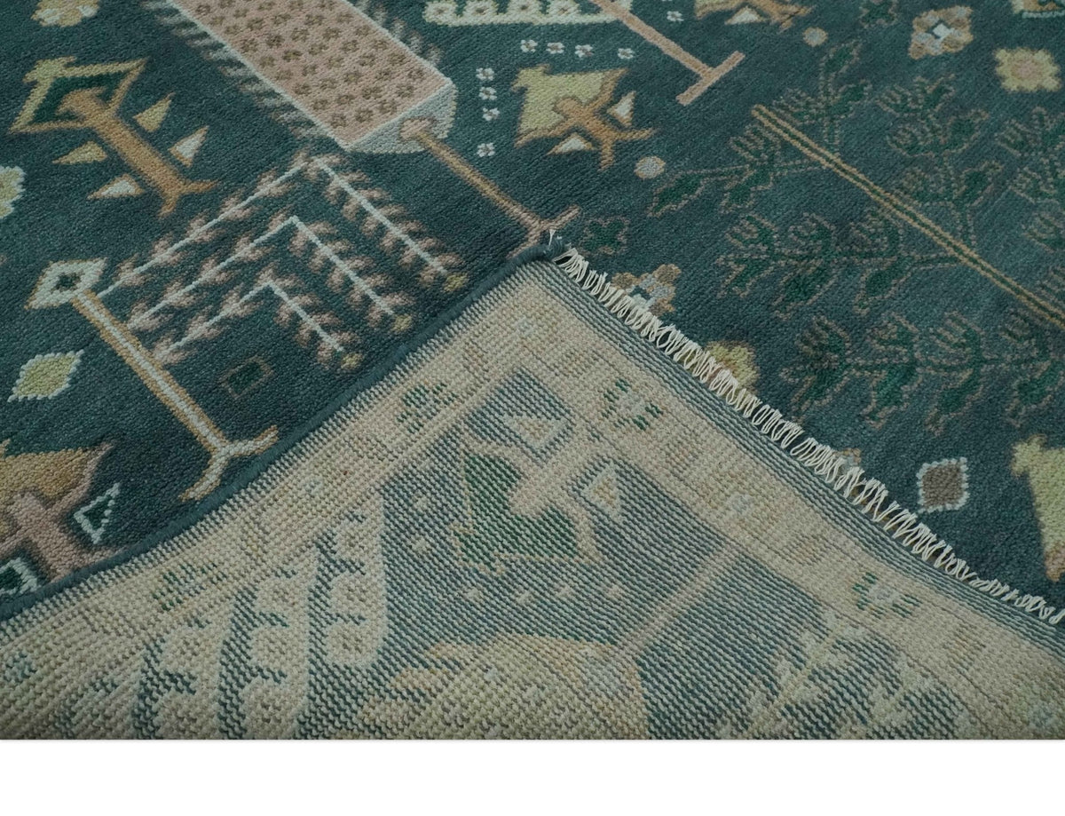 Tree of life Teal, Peach and Olive Hand Knotted Traditional Oushak Custom Made wool area Rug.