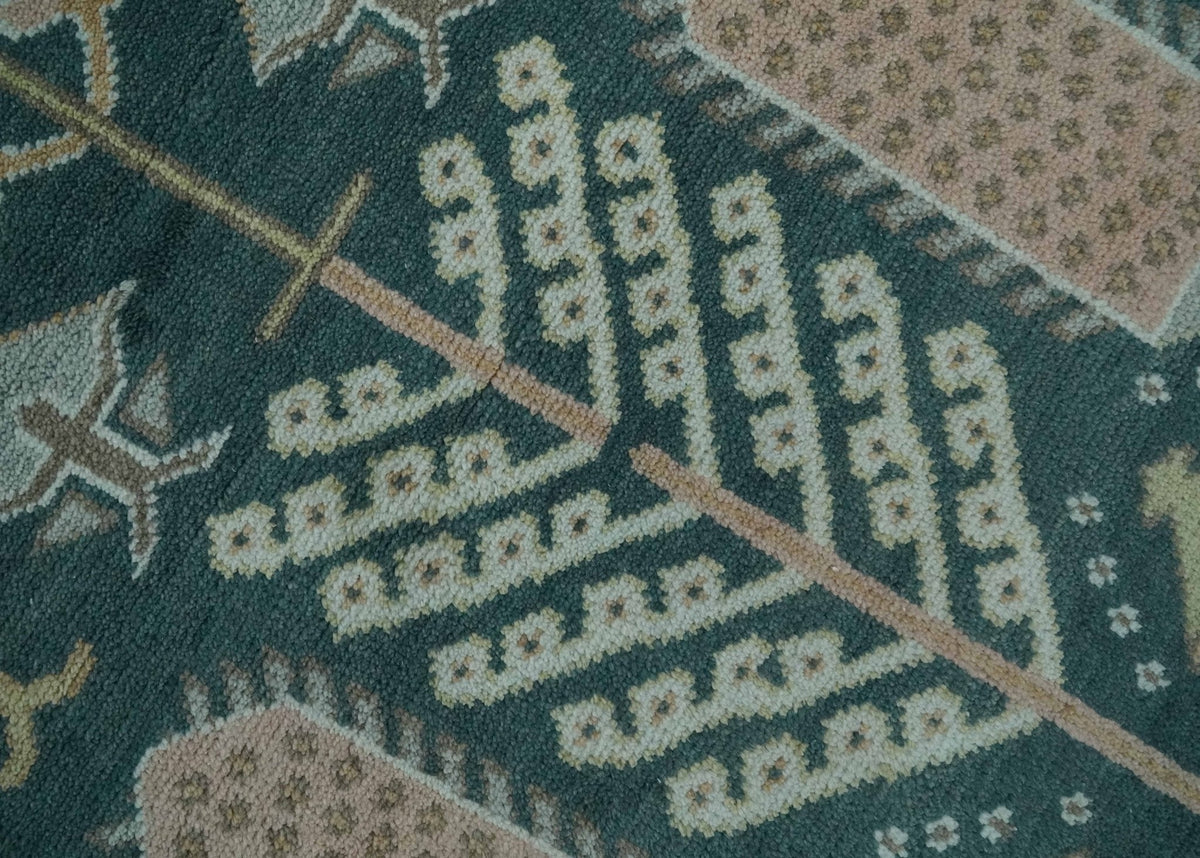 Tree of life Teal, Peach and Olive Hand Knotted Traditional Oushak Custom Made wool area Rug.