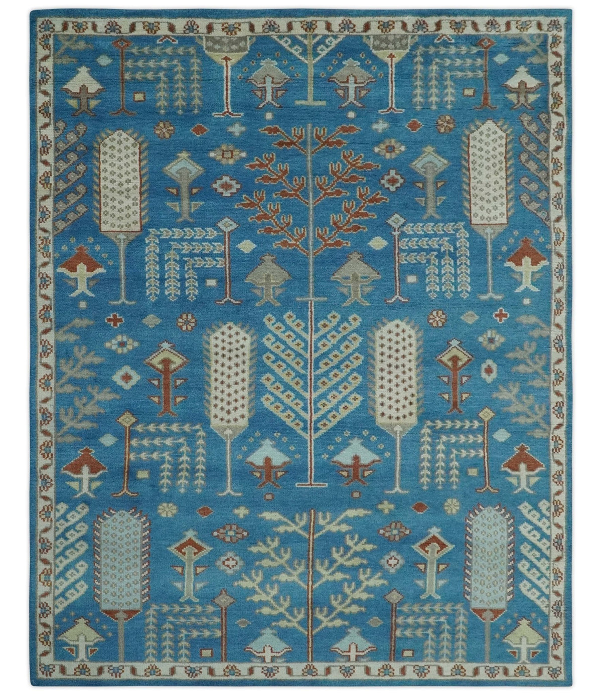 Tree of life Traditional Floral Blue, Ivory and Brown Hand Knotted Custom Made Wool Area Rug.