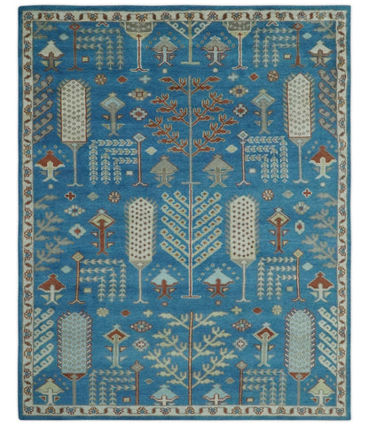 Tree of life Traditional Floral Blue, Ivory and Brown Hand Knotted Custom Made Wool Area Rug.
