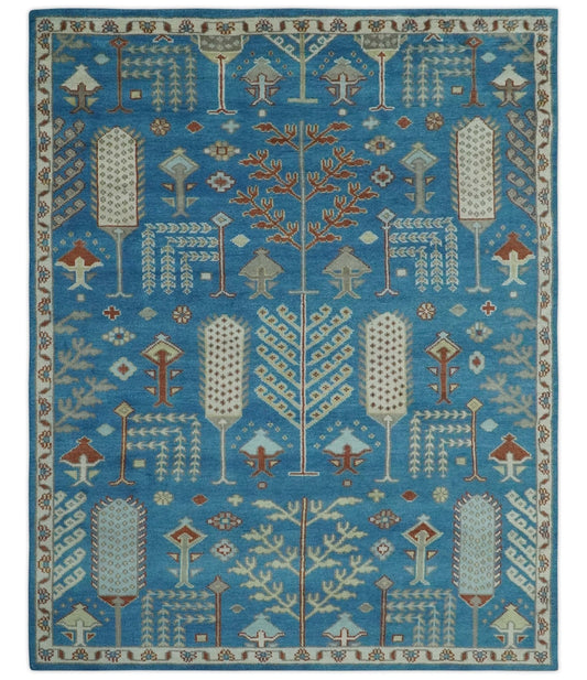 Tree of life Traditional Floral Blue, Ivory and Brown Hand Knotted Custom Made Wool Area Rug.
