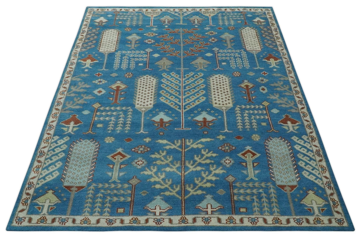 Tree of life Traditional Floral Blue, Ivory and Brown Hand Knotted Custom Made Wool Area Rug.