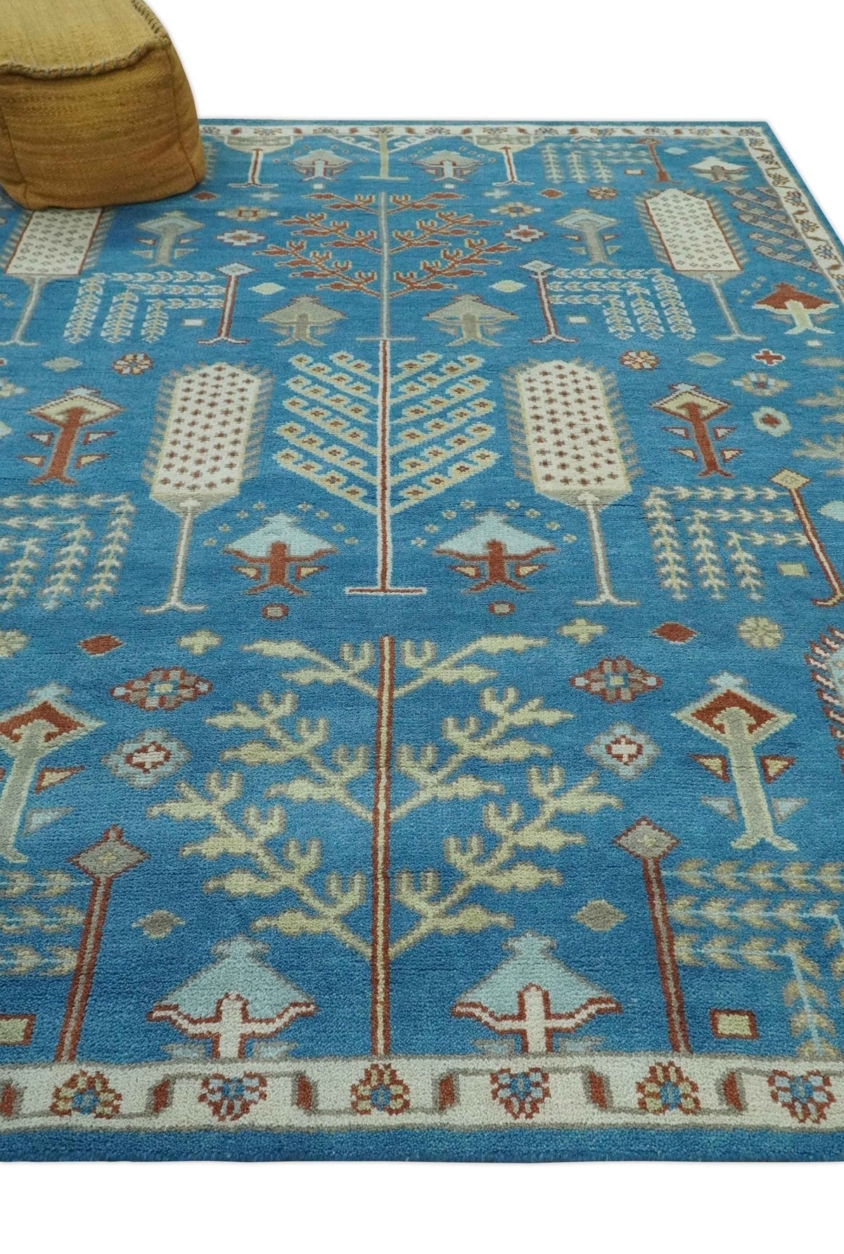 Tree of life Traditional Floral Blue, Ivory and Brown Hand Knotted Custom Made Wool Area Rug.