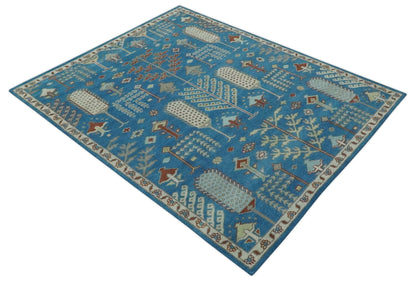 Tree of life Traditional Floral Blue, Ivory and Brown Hand Knotted Custom Made Wool Area Rug.