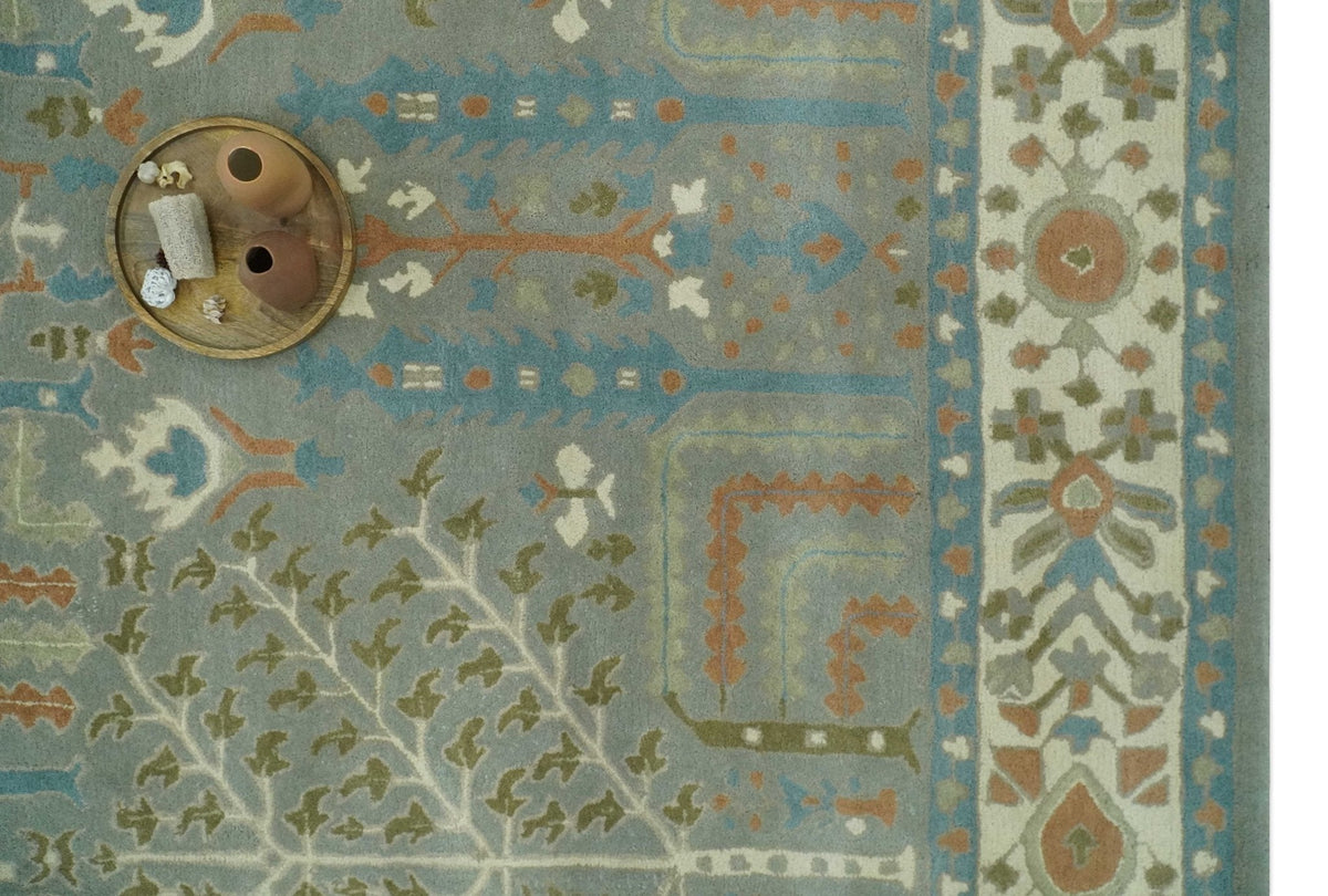 Tree of life Traditional Floral Gray, Beige, Green and Dark Peach Hand Tufted wool Area Rug.