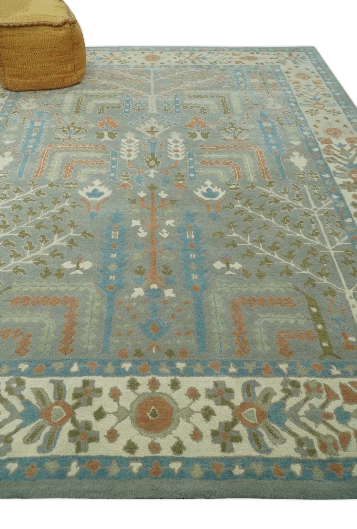 Tree of life Traditional Floral Gray, Beige, Green and Dark Peach Hand Tufted wool Area Rug.