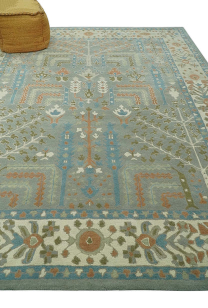 Tree of life Traditional Floral Gray, Beige, Green and Dark Peach Hand Tufted wool Area Rug.