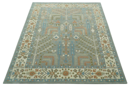 Tree of life Traditional Floral Gray, Beige, Green and Dark Peach Hand Tufted wool Area Rug.
