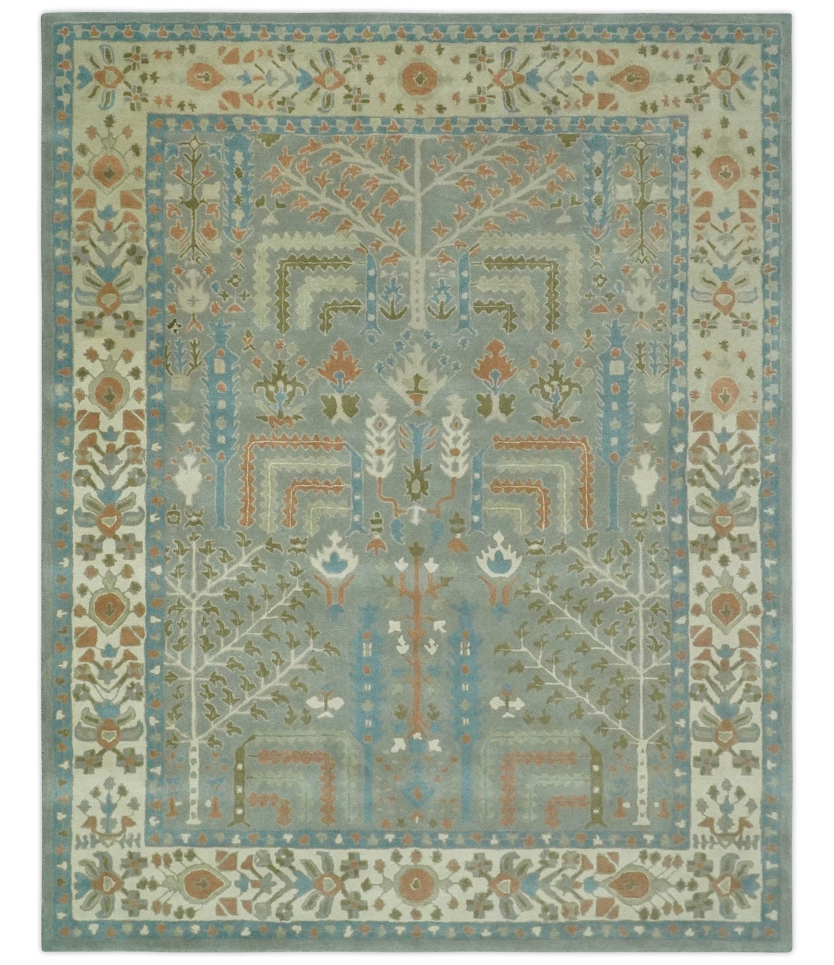 Tree of life Traditional Floral Gray, Beige, Green and Dark Peach Hand Tufted wool Area Rug.